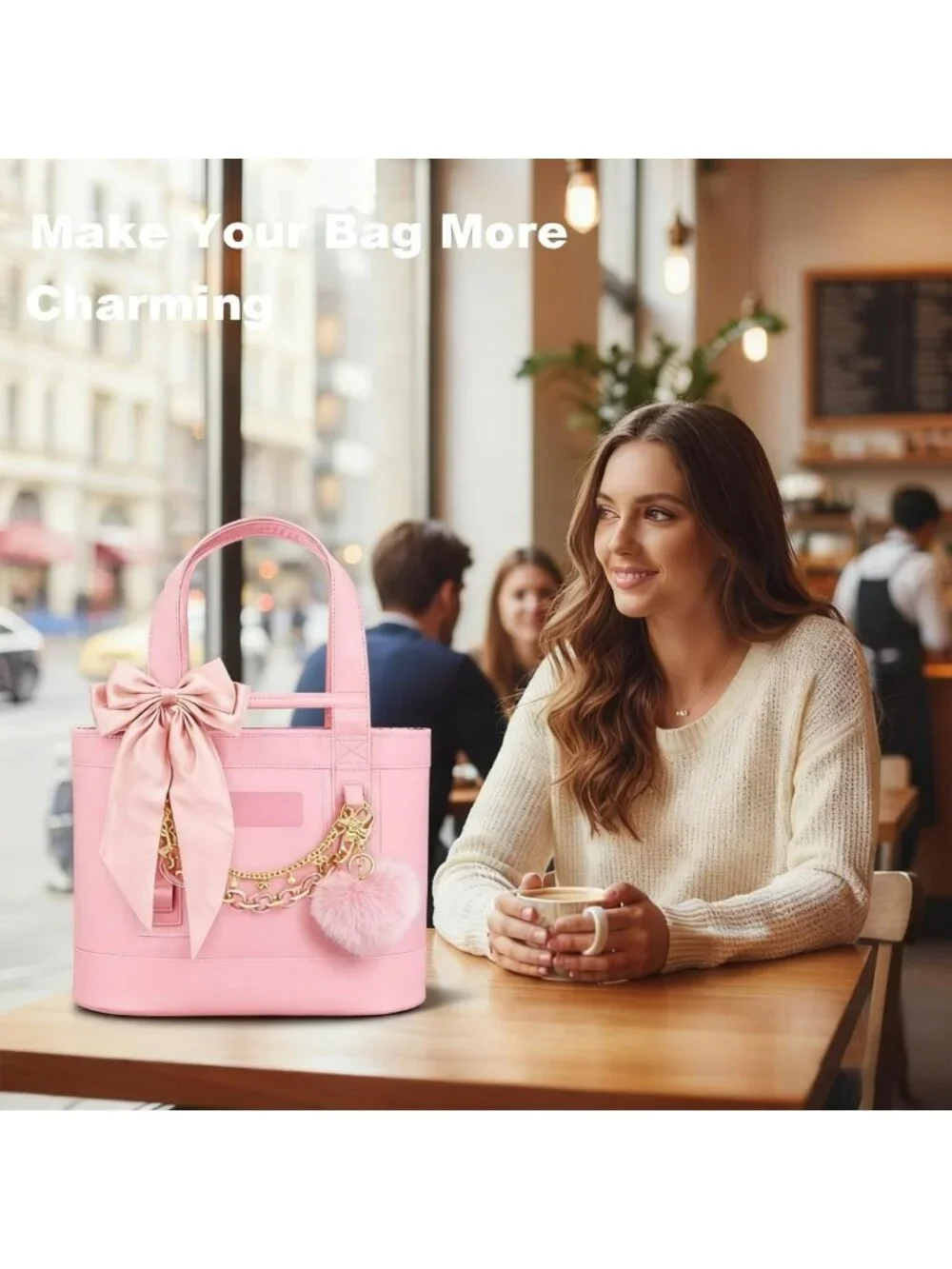 Satin Bow & Fluffy Ball Bag Charms for Tote Bags, Keychain Accessories for Women
